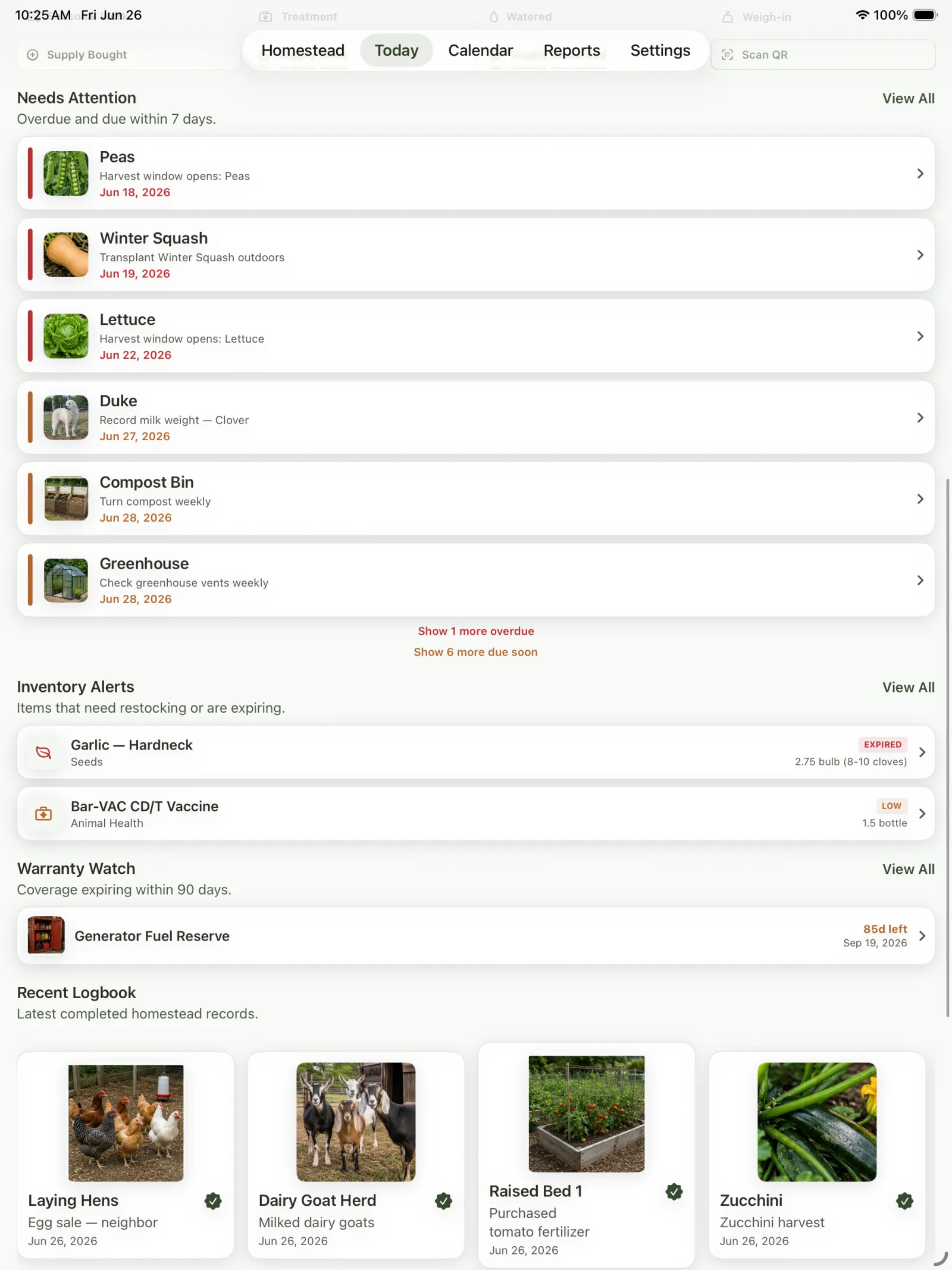 Today screen showing inventory alerts and recent expiring or low stock items.